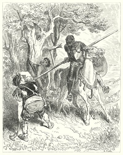 Gustave Dores Don Quijote: "Ved solen som skinner, jeg har et godt sinn til å kjøre deg gjennom kroppen med lansen" (gravering) av Gustave Dore