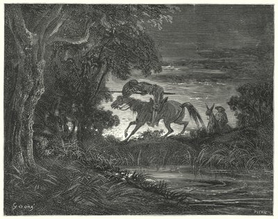 Gustave Dores Don Quijote: "Don Quixote, akkompagnert av hans uforferdede hjerte, hoppet på Rozinante" (gravering) av Gustave Dore