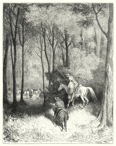 Gustave Dores Don Quijote: "Don Quijote beskrev et selskap, som han, ved et nærmere syn, bedømte å være personer av kvalitet" (gravering) av Gustave Dore