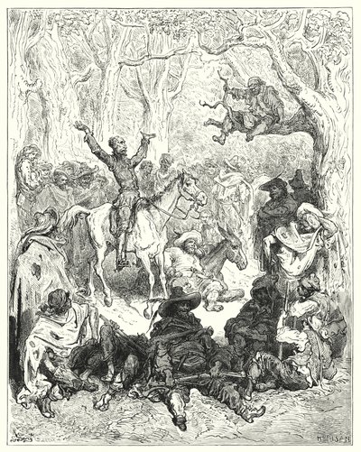 Gustave Dores Don Quijote: "Don Quijote, montert på Rozinante, erklærer veldig rikelig mot deres levemåte" (gravering) av Gustave Dore
