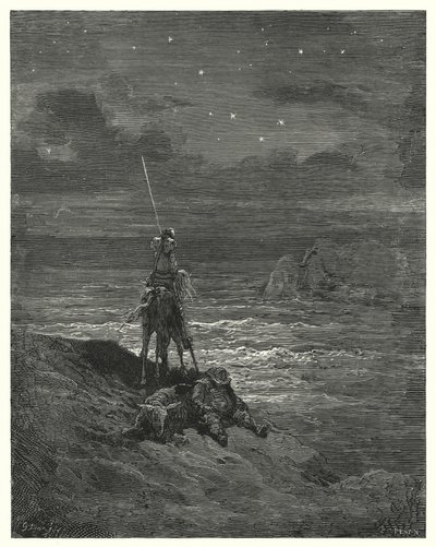 Gustave Dores Don Quijote: "Don Quijote ble der og ventet på dagens nærmer" (gravering) av Gustave Dore
