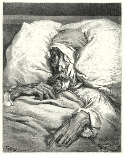 Gustave Dores Don Quijote: "Don Quijote, som dermed var ulykkelig såret, var ekstremt mutt og melankolsk" (gravering) av Gustave Dore