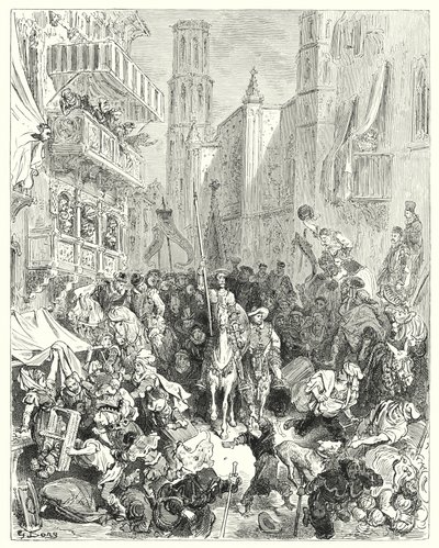 Gustave Dores Don Quijote: "De innelukket ham i midten av brigaden deres, ledet ham mot byen" (gravering) av Gustave Dore