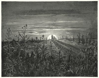 Gustave Dores Don Quijote: "Venn Sancho," sa Don Quijote, "Jeg finner ut at natten som nærmer seg vil innhente oss før vi kan nå Toboso" (gravering) av Gustave Dore