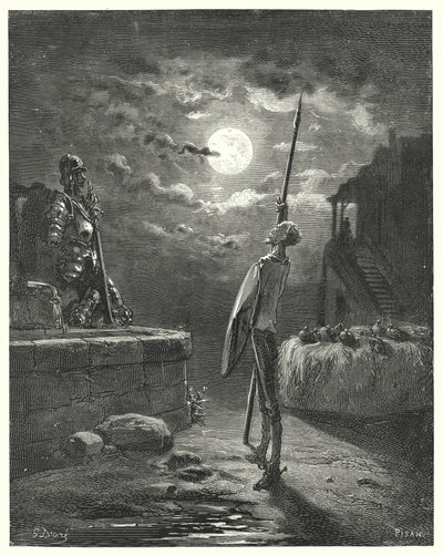 Gustave Dores Don Quijote: "Han begynte å gå rundt ved hestetrauet med en grasiøs form" (gravering) av Gustave Dore