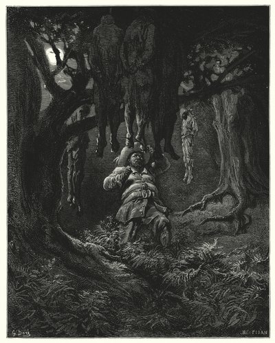 Gustave Dores Don Quijote: "Han ropte til Don Quixote om hjelp" (gravering) av Gustave Dore