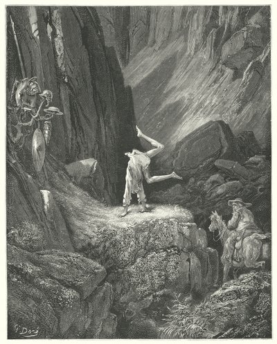 Gustave Dores Don Quijote: "Han ga to eller tre frisker i luften, og deretter kastet han på hendene og hentet hælene over hodet to ganger sammen" (gravering) av Gustave Dore