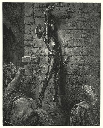 Gustave Dores Don Quijote: "Han hadde uunngåelig falt til bakken, hadde ikke håndleddet hans vært sikkert festet til tauet" (gravering) av Gustave Dore