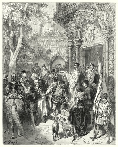 Gustave Dores Don Quijote: "Han kysset hertugen og hertuginnens hånd ved avskjed, og mottok sin herres velsignelse" (gravering) av Gustave Dore