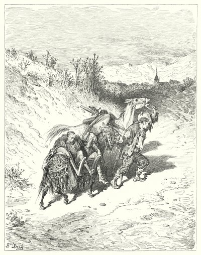 Gustave Dores Don Quijote: "Han førte dem alle mot landsbyen, og trasket en fot selv, veldig ettertenksom" (gravering) av Gustave Dore