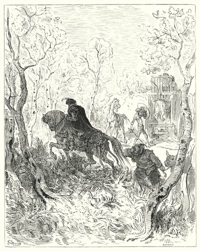 Gustave Dores Don Quijote: "Han postet seg rett før døren til buret" (gravering) av Gustave Dore