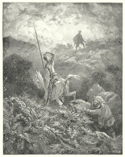 Gustave Dores Don Quijote: "Han spionerte på toppen av en steinete stein rett foran ham en mann som hoppet fra stein til stein med fantastisk smidighet" (gravering) av Gustave Dore