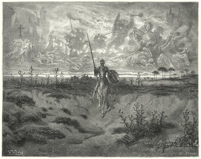 Gustave Dores Don Quijote: "Han reiste nesten hele den dagen" (gravering) av Gustave Dore