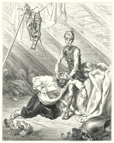 Gustave Dores Don Quijote: "Han trodde virkelig at hans siste time var kommet" (gravering) av Gustave Dore