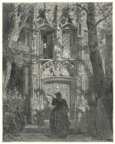 Gustave Dores Don Quijote: "Her endte den frierende damen sin sang" (gravering) av Gustave Dore