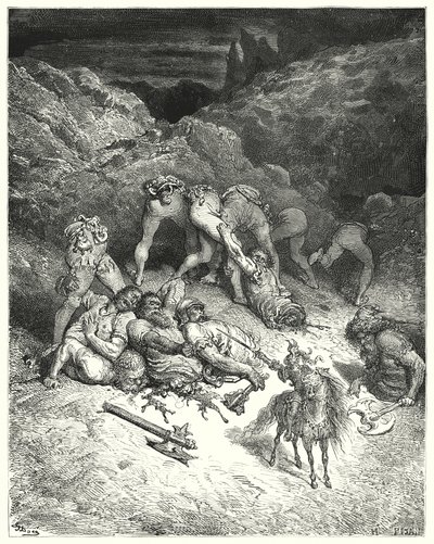 Gustave Dores Don Quijote: "Hvordan Felixmarte kuttet av fem kjemper på midten" (gravering) av Gustave Dore