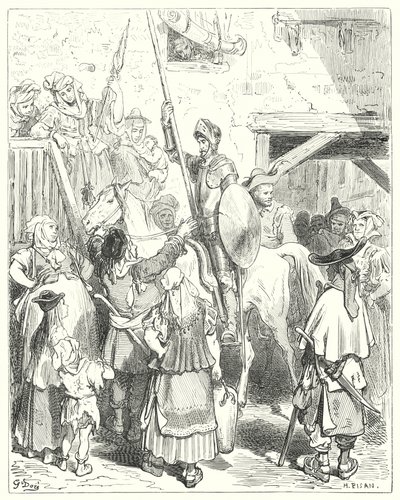 Gustave Dores Don Quijote: "Jeg har ingenting med alt dette å gjøre," ropte gjestgiveren; "betal din regning" (gravering) av Gustave Dore