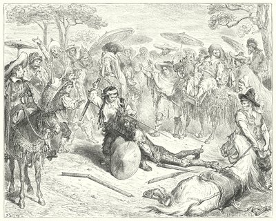 Gustave Dores Don Quijote: "Til tross for armene hans, banket han ham som en hvete-skjær" (gravering) av Gustave Dore