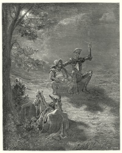 Gustave Dores Don Quijote: "I slike diskurser passerte de en stor del av natten" (gravering) av Gustave Dore