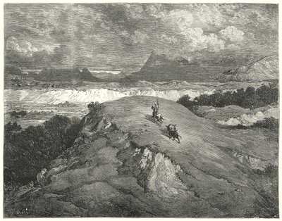 Gustave Dores Don Quixote: "Det var natt før våre to reisende kom til den mest ørkende delen av fjellet" (gravering) av Gustave Dore