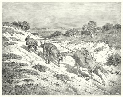 Gustave Dores Don Quijote: "Han ledet rumpa ved grimen, og tok den nærmeste veien han kunne gjette seg til den store veien" (gravering) av Gustave Dore