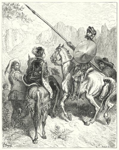 Gustave Dores Don Quijote: "Nå, dame," sa Don Quijote, "la meg be din storhet om å fortelle meg hvilken vei vi må gå, for å tjene deg" (gravering) av Gustave Dore