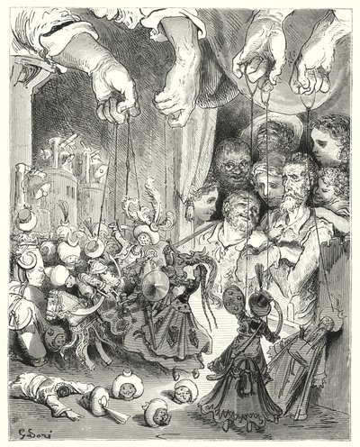 Gustave Dores Don Quijote: "Observer hvilket stort selskap av glitrende hester som strømmer ut av byen, på jakt etter de kristne elskere" (gravering) av Gustave Dore