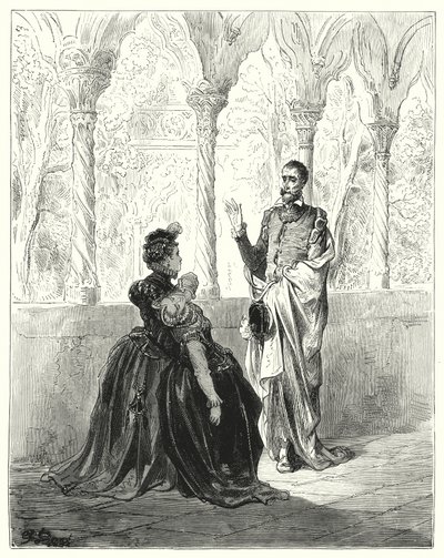 Gustave Dores Don Quijote: "Be, min Herre Don Quijote, trekk deg tilbake, for denne stakkars unge skapningen vil ikke komme til seg selv mens du er forbi" (gravering) av Gustave Dore