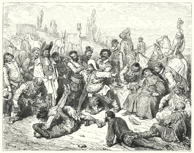 Gustave Dores Don Quijote: "Sancho Panza alene var irritert, irriterte seg i hjel og raste som en gal" (gravering) av Gustave Dore
