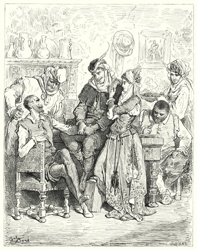 Gustave Dores Don Quijote: "Sancho og hans herre ble tre dager hos et ungt par, og ble underholdt som prinser" (gravering) av Gustave Dore