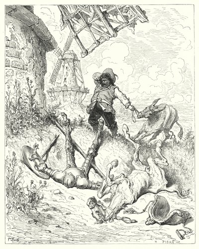 Gustave Dores Don Quixote: "Sancho løp så fort rumpa hans kunne drive, for å hjelpe sin herre" (gravering) av Gustave Dore
