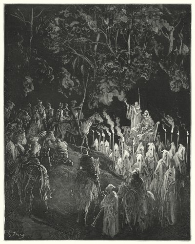 Gustave Dores Don Quijote: "Figuren i kjolen sto opp" (gravering) av Gustave Dore