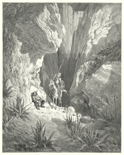 Gustave Dores Don Quixote: "Det første han fant var det grove utkastet til en sonett; så han leste det høyt" (gravering) av Gustave Dore