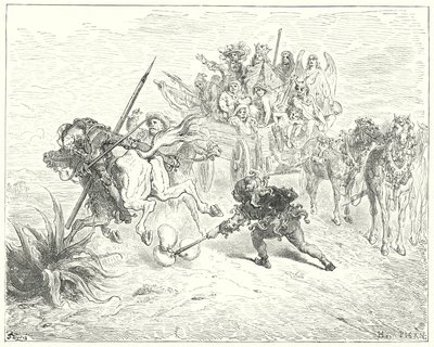 Gustave Dores Don Quijote: "Folken i stykket kom opp og sprang opp med morrisklokkene sine" (gravering) av Gustave Dore