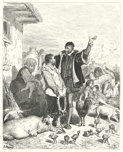 Gustave Dores Don Quijote: "Ridderen ga ham så mange rettferdige løfter at den stakkars tåpelige klovnen til slutt gikk med på å gå sammen med ham og bli hans godsmann" (gravering) av Gustave Dore