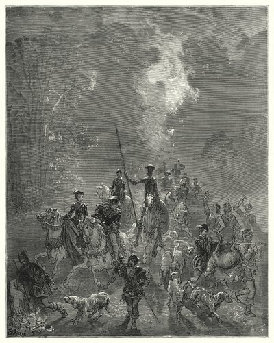 Gustave Dores Don Quijote: "Morgenen begynte å spre hennes smilende blikk i det østlige kvarteret av himmelen" (gravering) av Gustave Dore