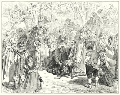 Gustave Dores Don Quijote: "Den stakkars jomfruen, skjelvende og forferdet uten å si et ord, kom til stakkars Basil" (gravering) av Gustave Dore