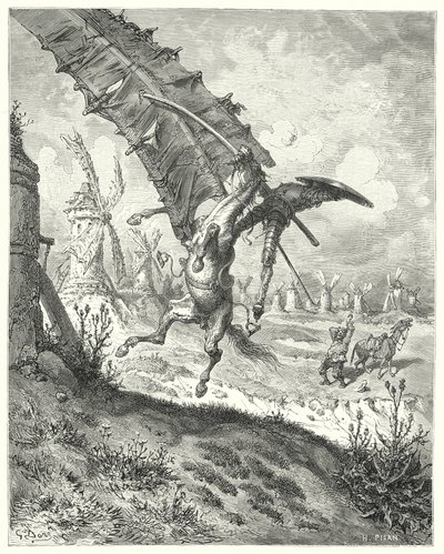 Gustave Dores Don Quijote: "Seilet kastet bort både ridder og hest sammen med det" (gravering) av Gustave Dore