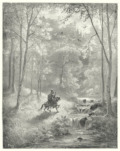 Gustave Dores Don Quijote: "Himmelen virker for ham mer gjennomsiktig, og solen ser ut til å skinne med fordoblet lysstyrke" (gravering) av Gustave Dore