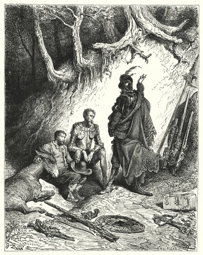 Gustave Dores Don Quijote: "Etrerene forlot Don Quixote, Roque og Sancho for å vente på deres retur" (gravering) av Gustave Dore