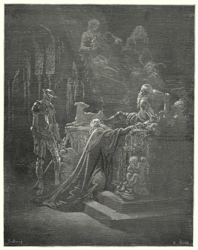 Gustave Dores Don Quixote: "Den ærverdige Montesinos falt på kne foran den plaget ridder" (gravering) av Gustave Dore