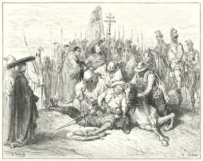 Gustave Dores Don Quijote: "De uhyggelige aksentene til godsmannens stemme ble endelig kalt Don Quijote for seg selv" (gravering) av Gustave Dore