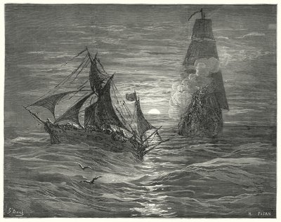 Gustave Dores Don Quijote: "De var under vinden, avfyrte to våpen mot oss" (gravering) av Gustave Dore