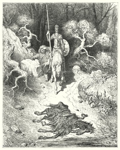 Gustave Dores Don Quijote: "De kom til en park, hvor de fant et muldyr som lå død" (gravering) av Gustave Dore