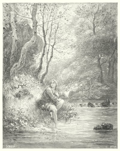 Gustave Dores Don Quijote: "De spionerte en ungdom i en landlig vane, sittende ved foten av en stein bak et asketre" (gravering) av Gustave Dore