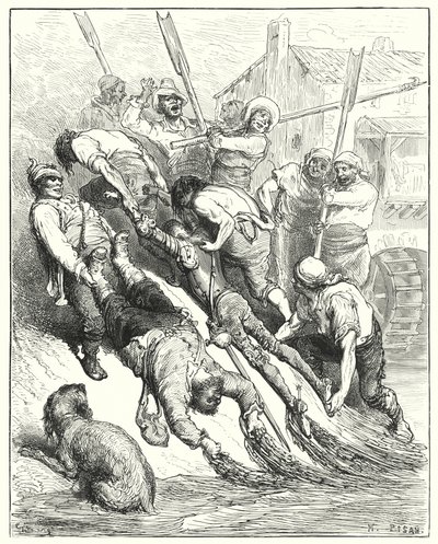 Gustave Dores Don Quijote: "De ble begge dratt i land, mer overvåte enn tørste" (gravering) av Gustave Dore