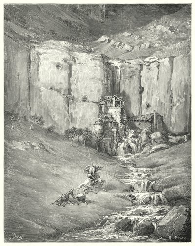 Gustave Dores Don Quijote: "Da de kom nærmere, begynte til og med tålmodige Rozinante selv ved den fryktelige lyden" (gravering) av Gustave Dore