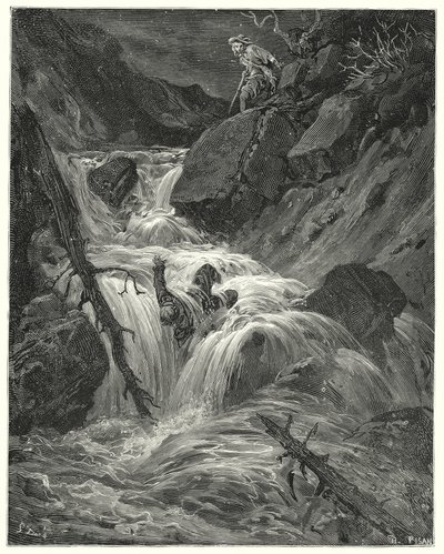 Gustave Dores Don Quijote: "Med den lille styrken jeg hadde presset jeg ham ned et stup, der jeg forlot ham" (gravering) av Gustave Dore