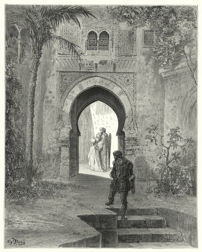 Gustave Dores Don Quijote: "Zoraida, som viste problemer i utseendet hennes, dro bort med faren" (gravering) av Gustave Dore