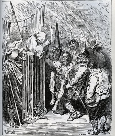 Hvordan bli kvitt Don Quijote. Folket i hotellbutikken bestemte seg for å låse ham inne ved å få ham til å tro på en ny fortryllelse og en ny ridderlig test - fra «Don Quixote de la Mancha» av Miguel Cervantes (1547-1616) (Don Quixote) - Tresnitt etter teg av Gustave Dore